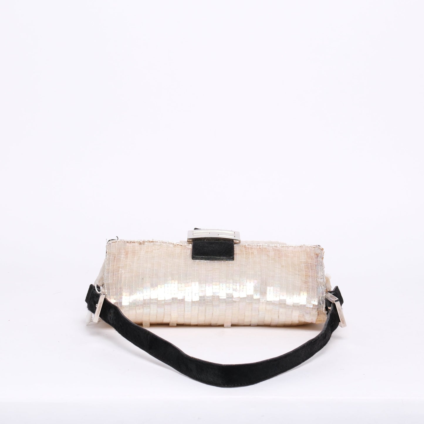 Fendi Ivory Shimmer Sequin & Beaded Baguette with Ponyhair Shoulder Bag