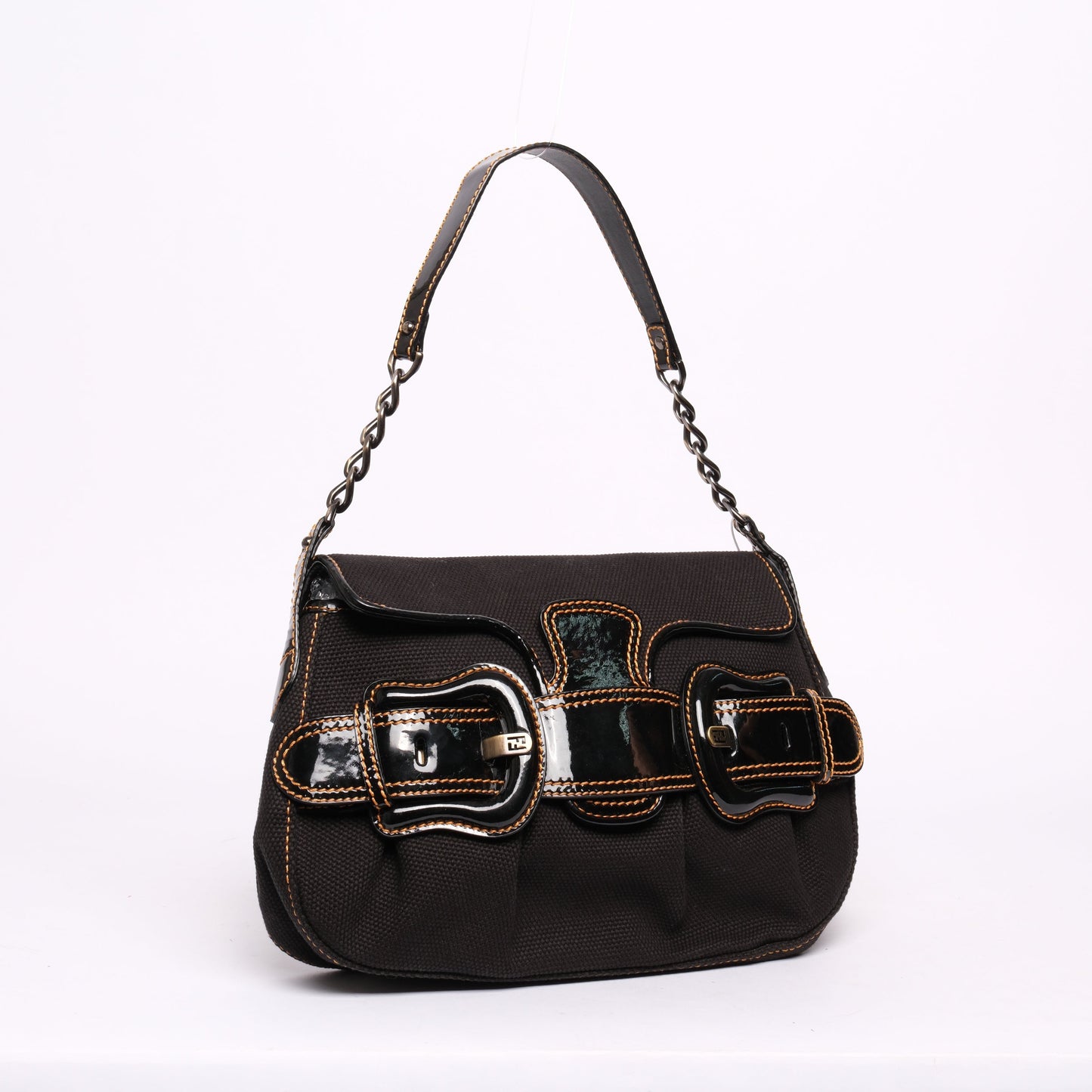 Fendi Black Canvas & Patent Leather Buckle Flap