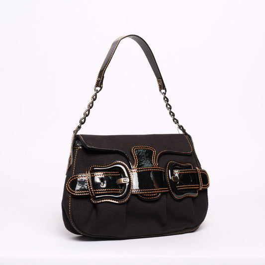 Fendi Black Canvas & Patent Leather Buckle Flap