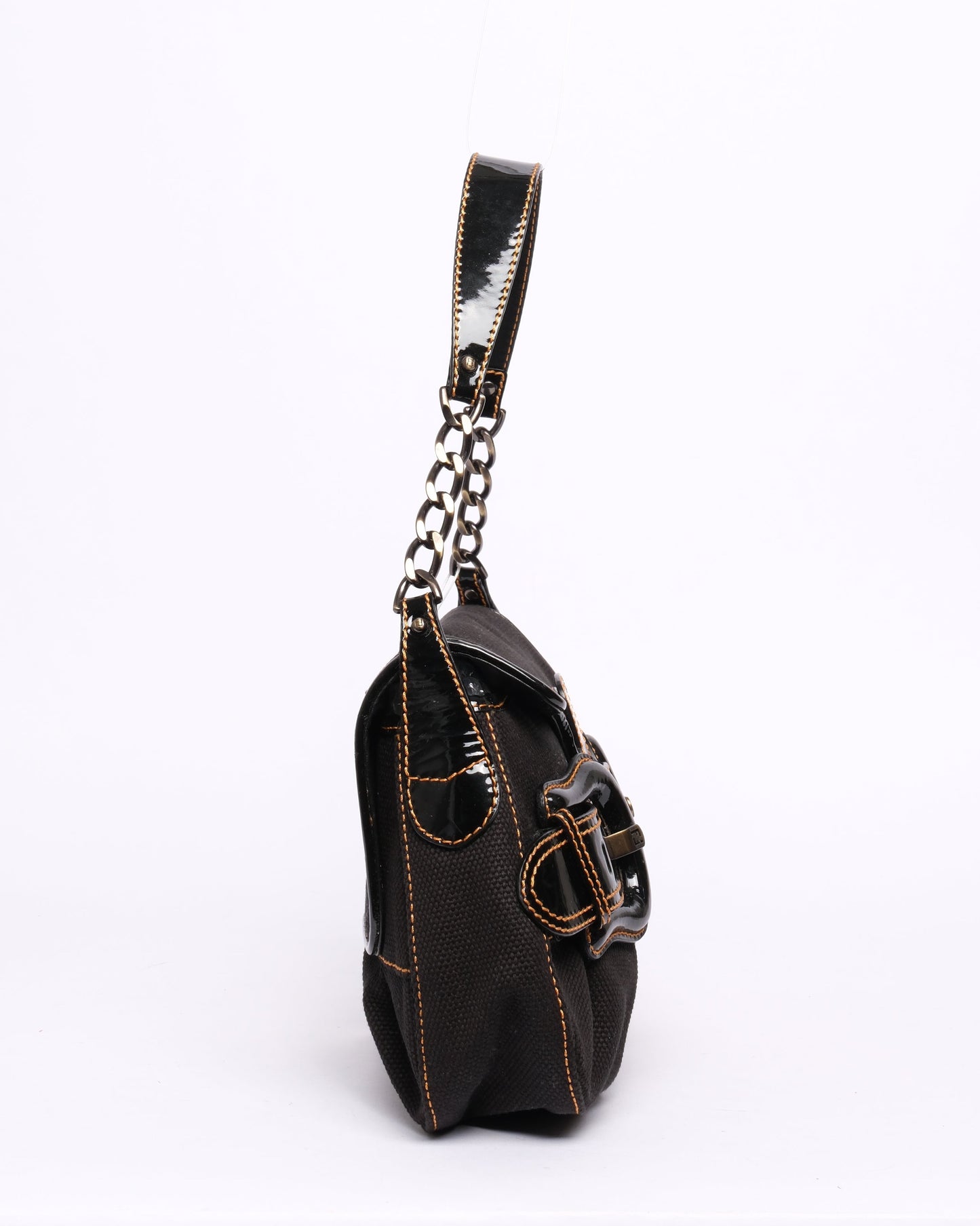 Fendi Black Canvas & Patent Leather Buckle Flap