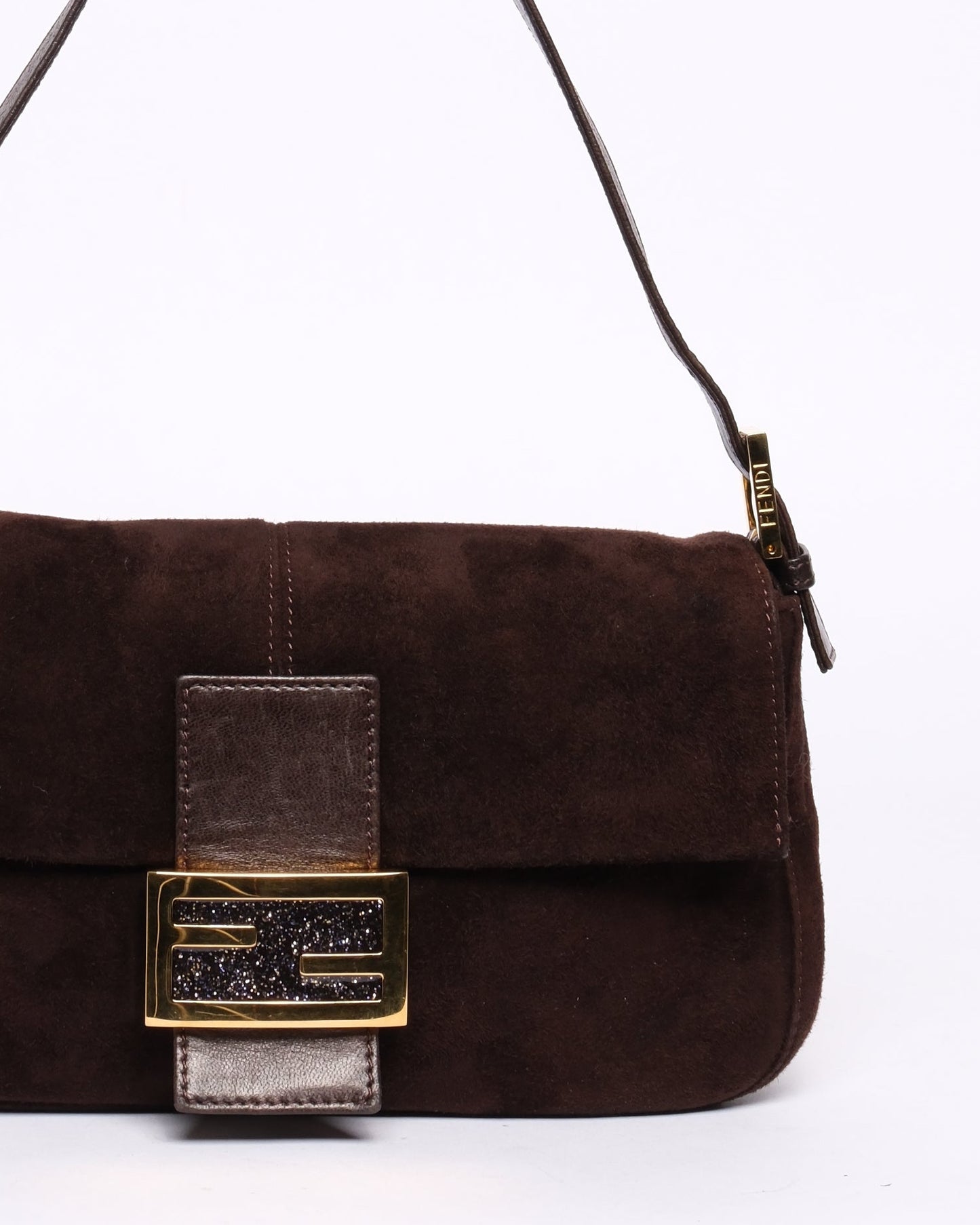 Fendi Brown Suede & Leather Baguette Shoulder Bag GHW