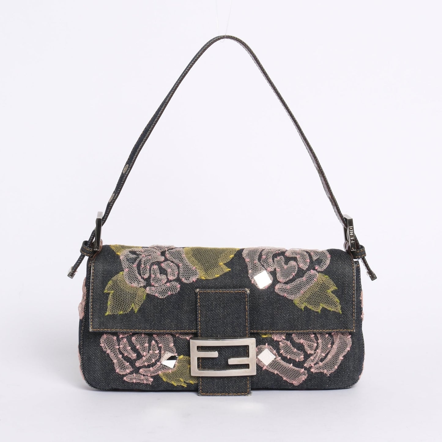 Fendi Denim Embroidered Pink Floral Baguette Shoulder Bag