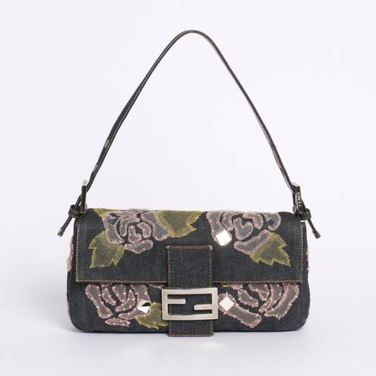 Fendi Denim Embroidered Pink Floral Baguette Shoulder Bag