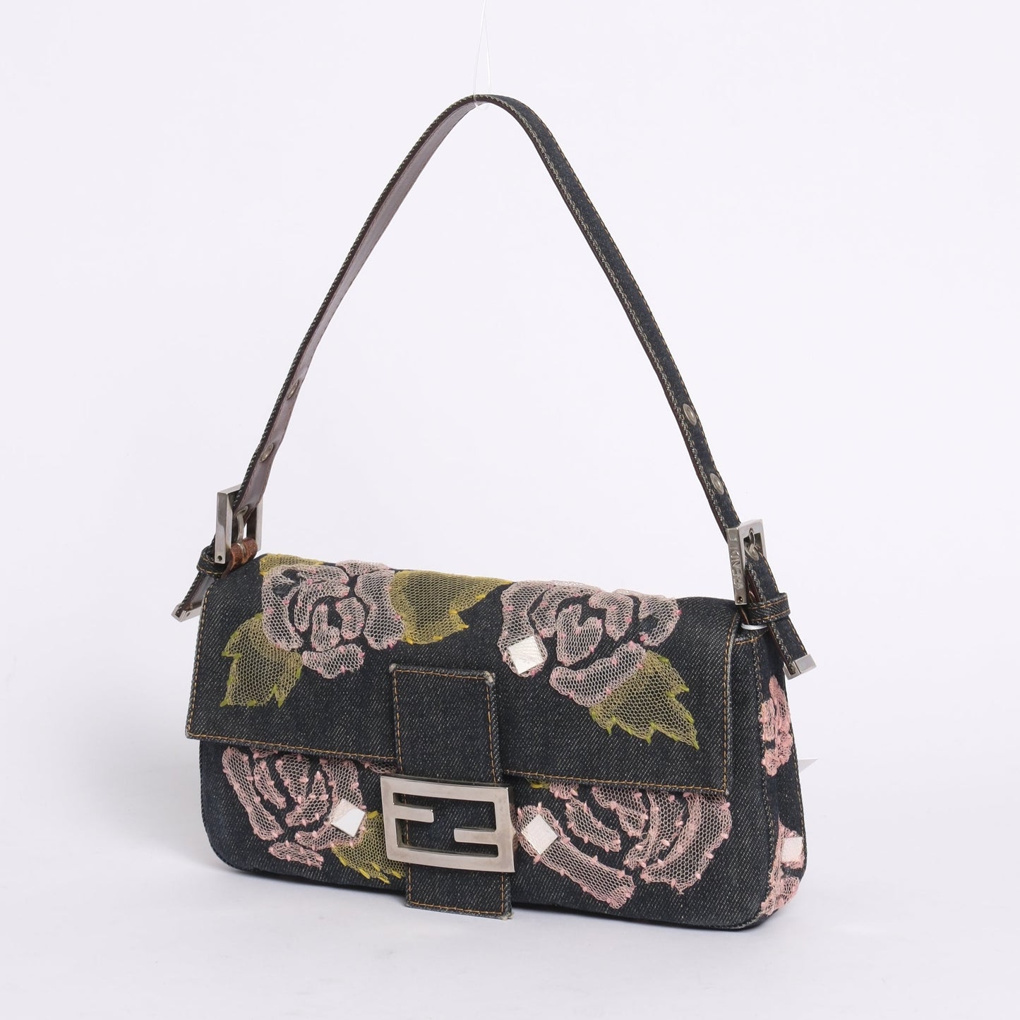 Fendi Denim Embroidered Pink Floral Baguette Shoulder Bag