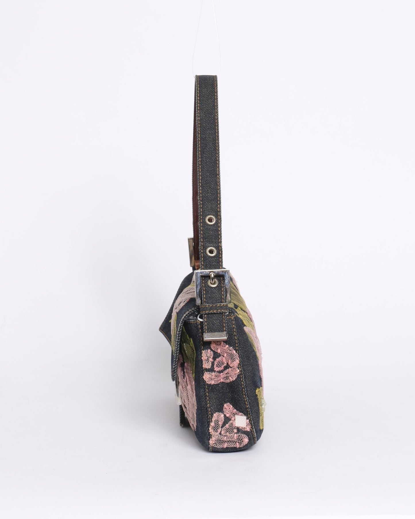 Fendi Denim Embroidered Pink Floral Baguette Shoulder Bag