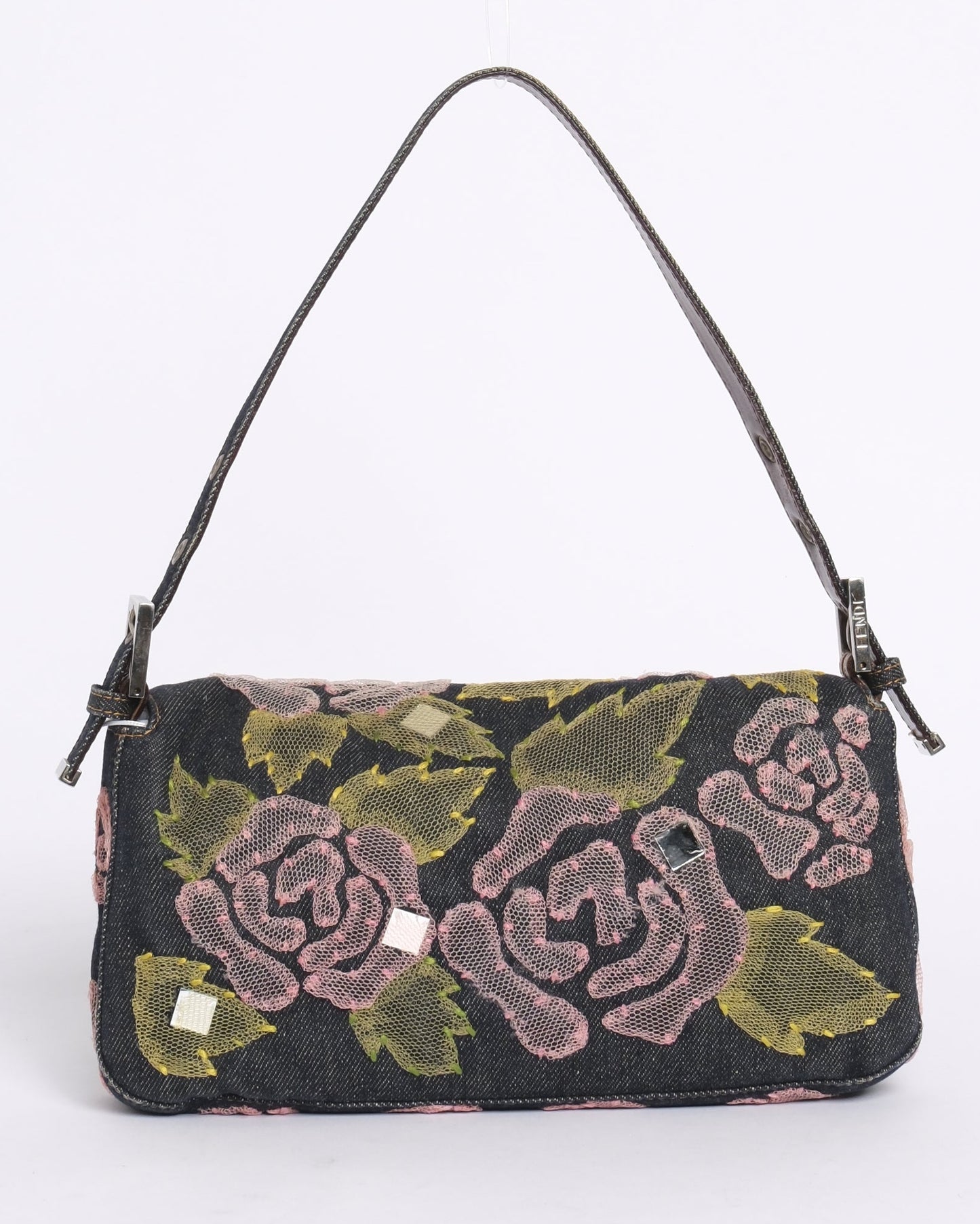 Fendi Denim Embroidered Pink Floral Baguette Shoulder Bag