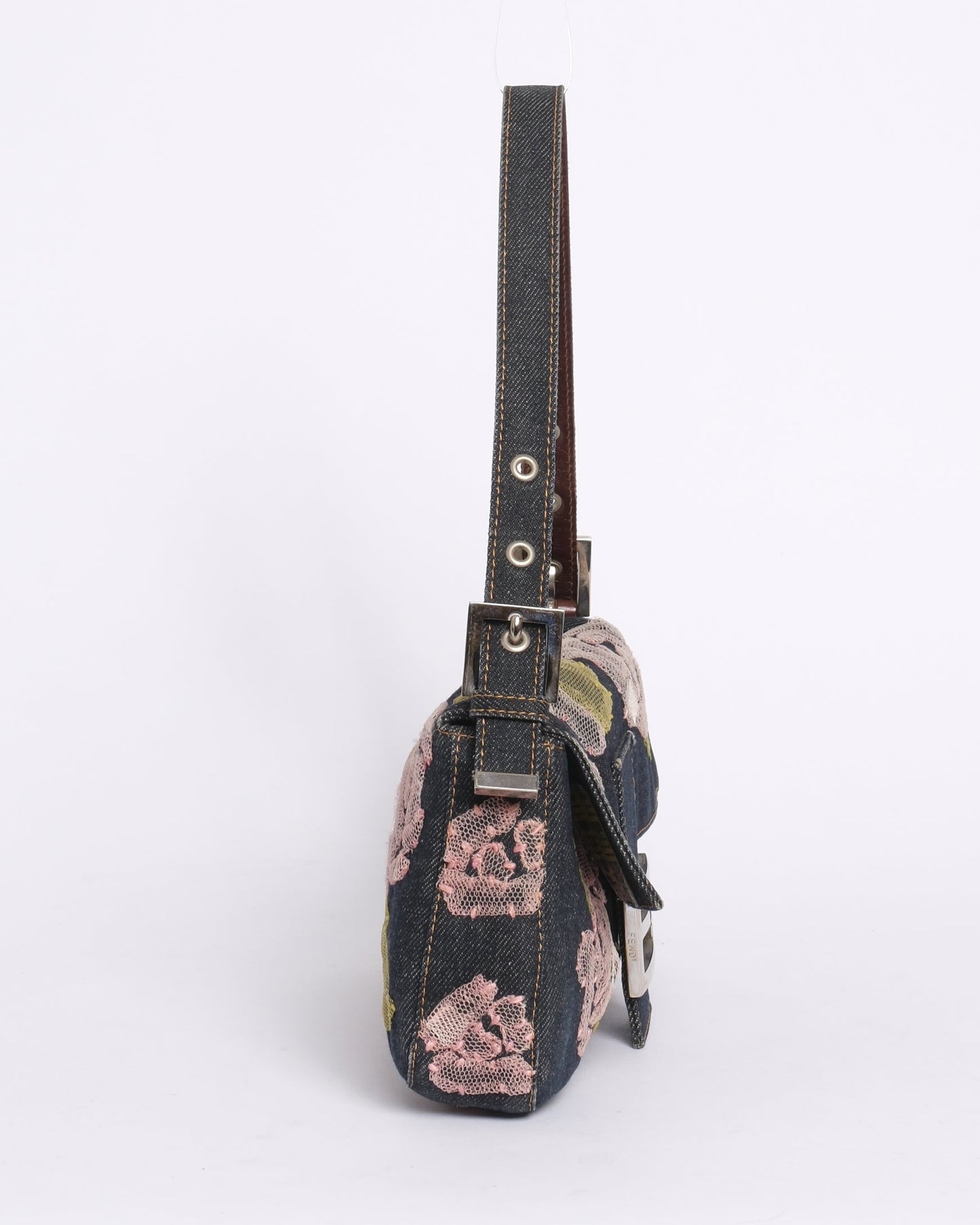 Fendi Denim Embroidered Pink Floral Baguette Shoulder Bag