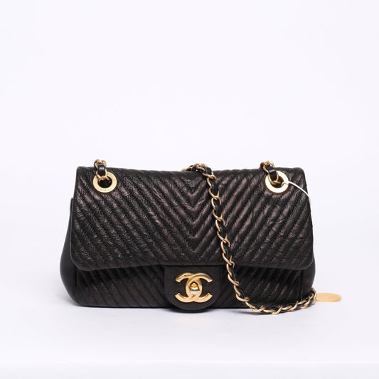 Chanel Black Lambskin Leather Chevron Quilted Mini Flap