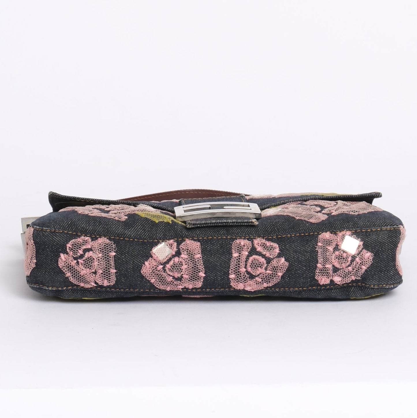 Fendi Denim Embroidered Pink Floral Baguette Shoulder Bag