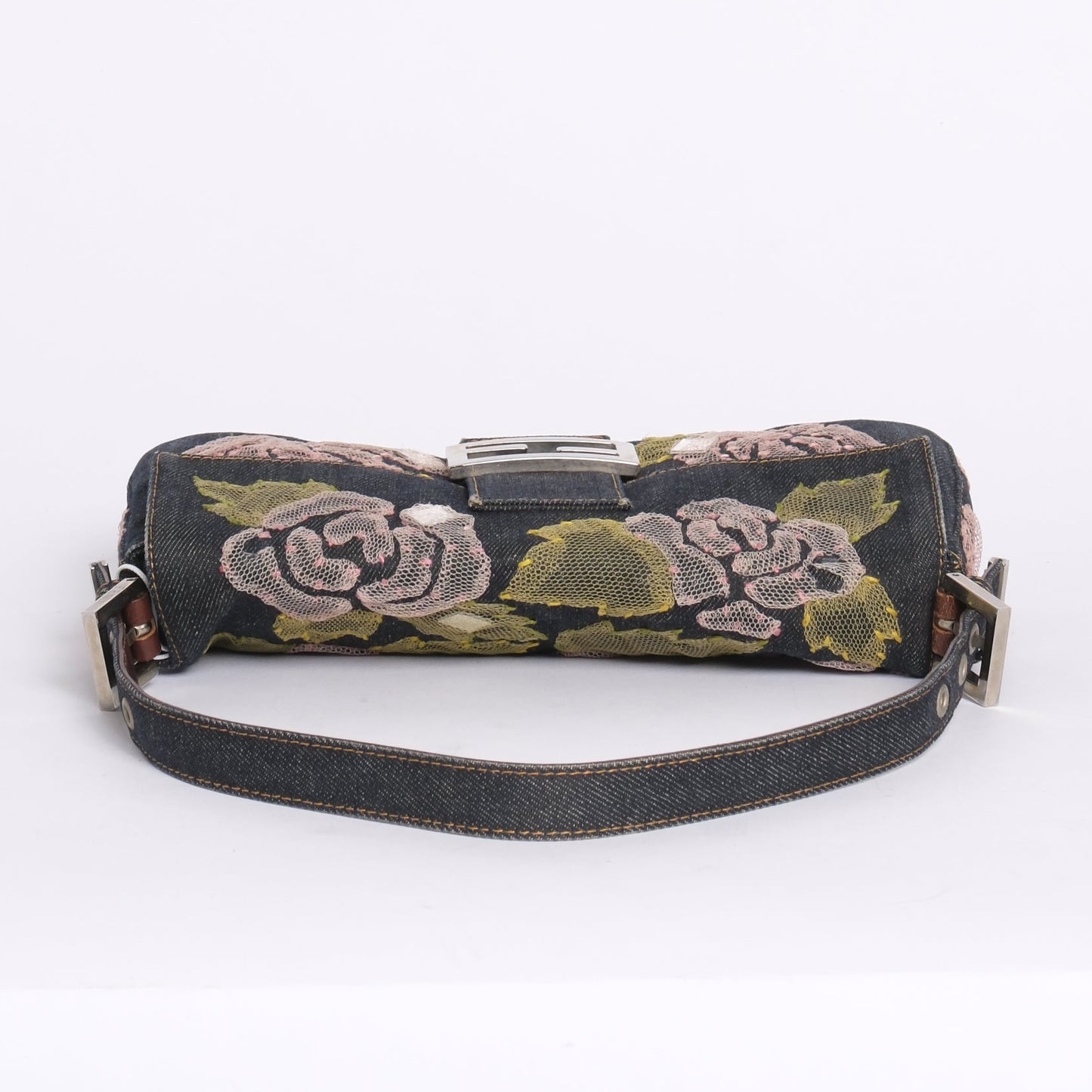 Fendi Denim Embroidered Pink Floral Baguette Shoulder Bag