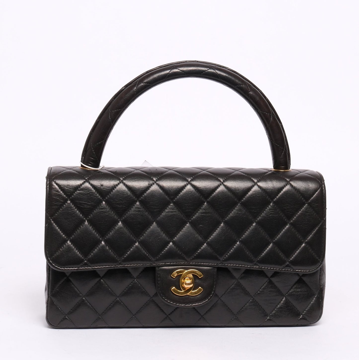 Chanel Black Lambskin Leather Quilted Medium Kelly Flap Top Handle Bag