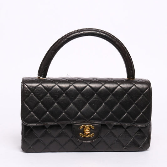 Chanel Black Lambskin Leather Quilted Medium Kelly Flap Top Handle Bag