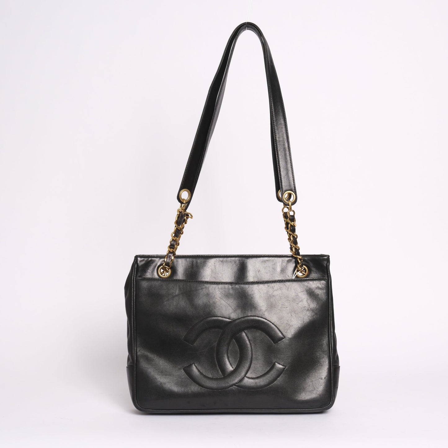 Chanel 1991 Black Lambskin Leather CC Shoulder Tote Bag