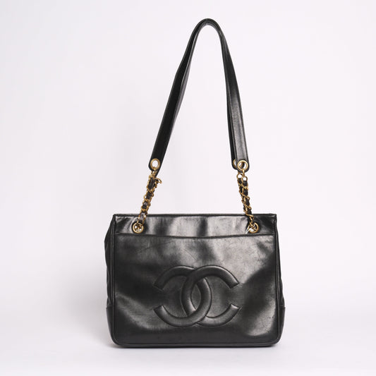 Chanel 1991 Black Lambskin Leather CC Shoulder Tote Bag