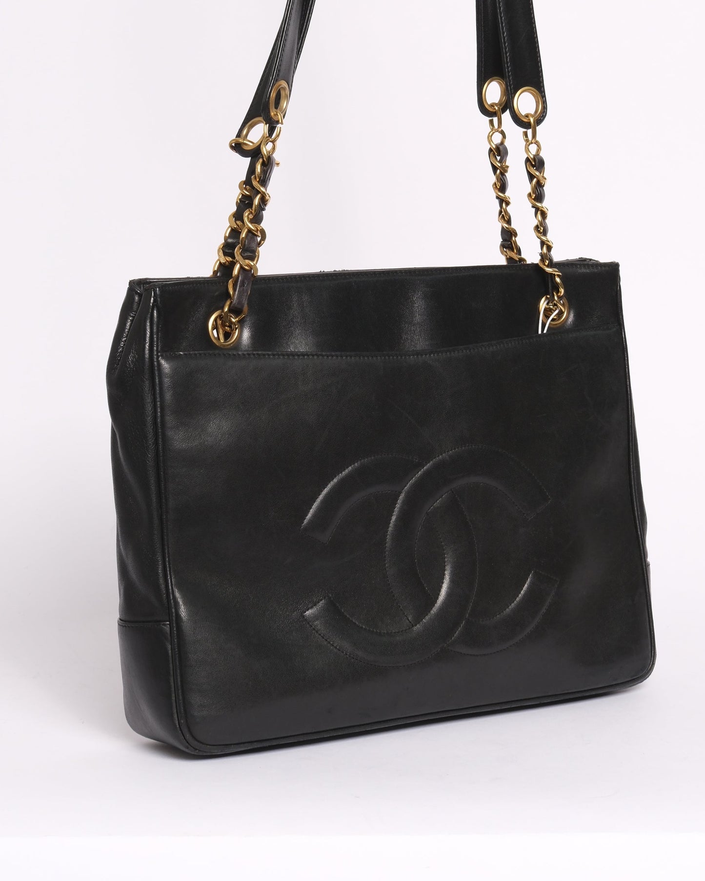Chanel 1991 Black Lambskin Leather CC Shoulder Tote Bag
