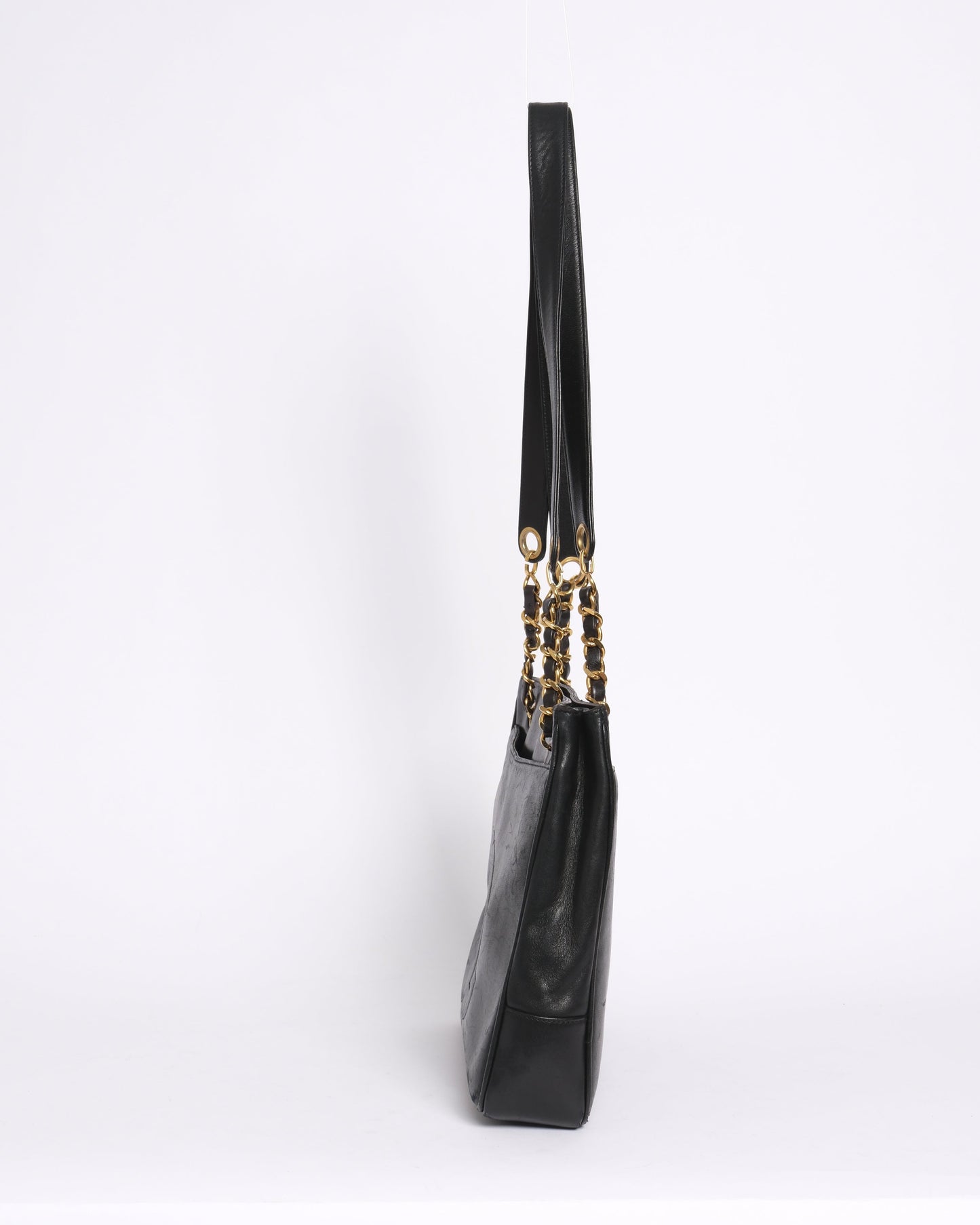 Chanel 1991 Black Lambskin Leather CC Shoulder Tote Bag