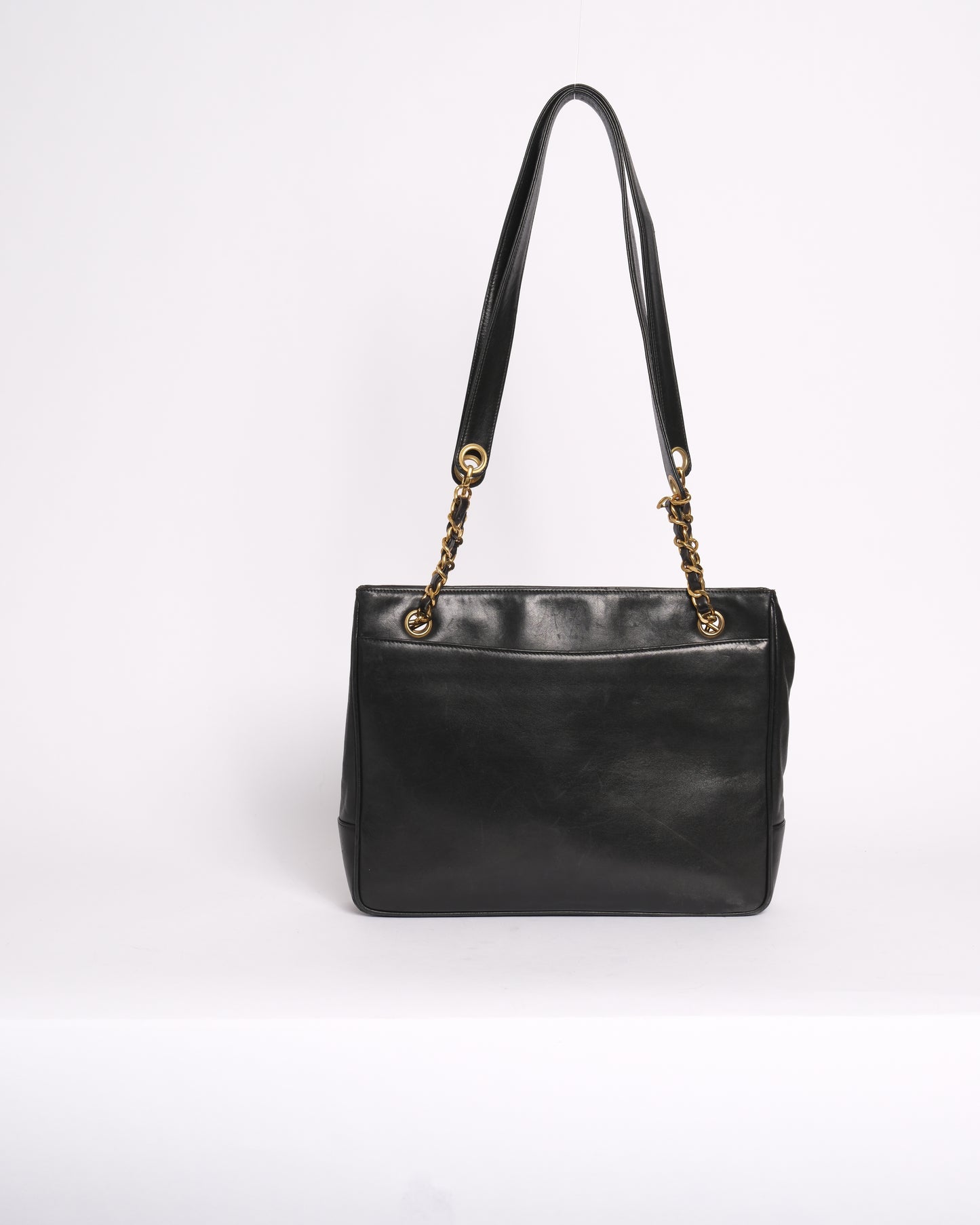 Chanel 1991 Black Lambskin Leather CC Shoulder Tote Bag