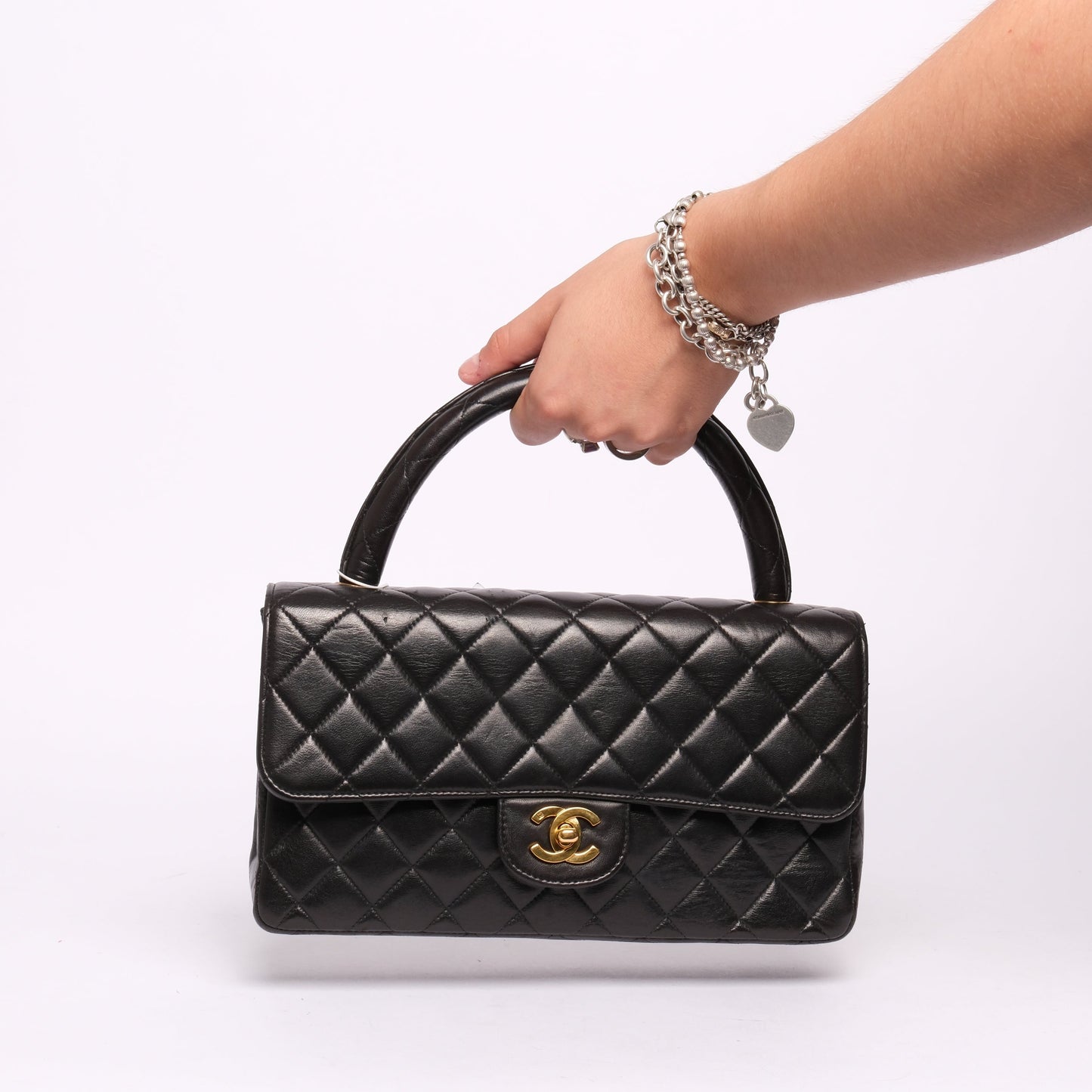 Chanel Black Lambskin Leather Quilted Medium Kelly Flap Top Handle Bag