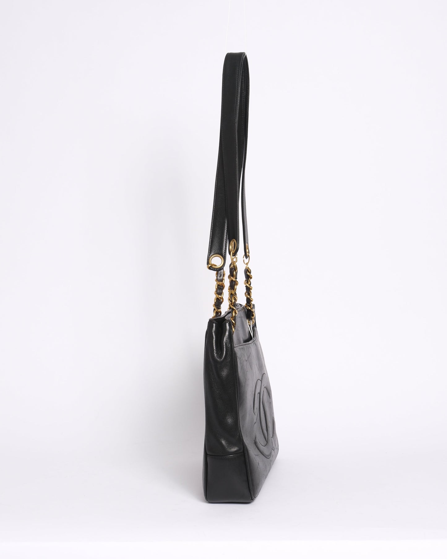 Chanel 1991 Black Lambskin Leather CC Shoulder Tote Bag
