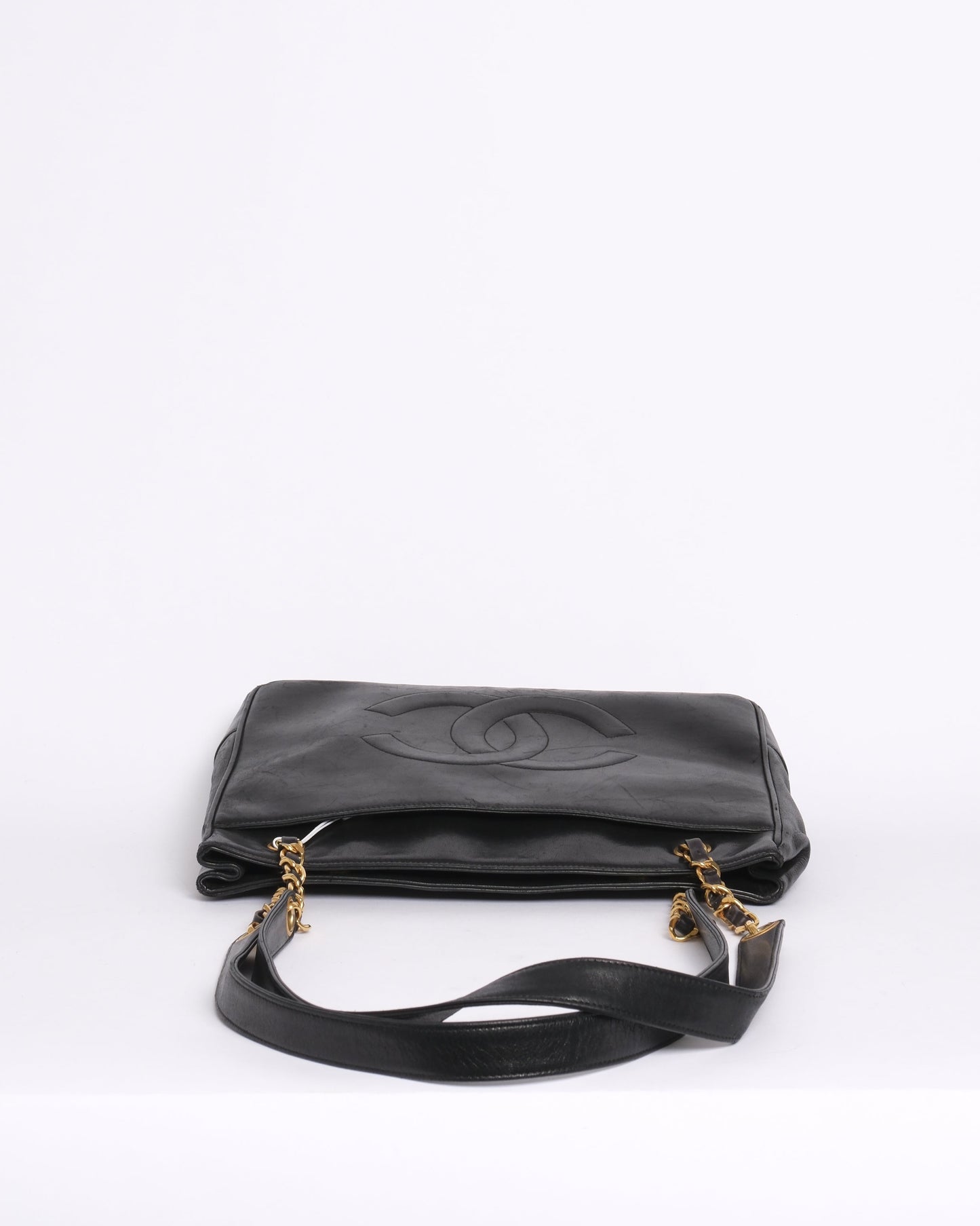 Chanel 1991 Black Lambskin Leather CC Shoulder Tote Bag