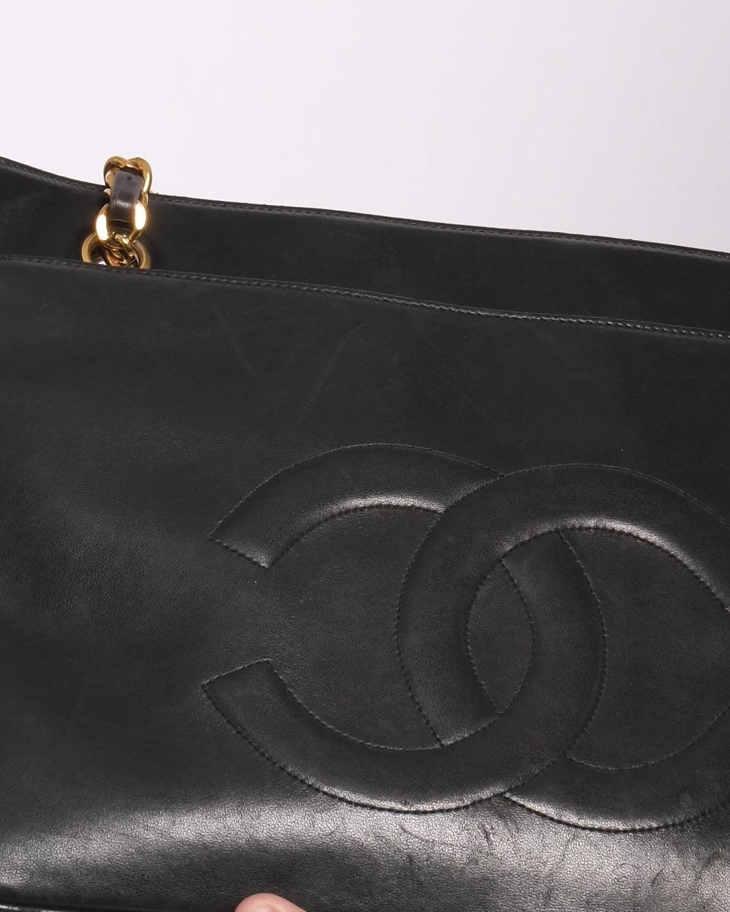 Chanel 1991 Black Lambskin Leather CC Shoulder Tote Bag