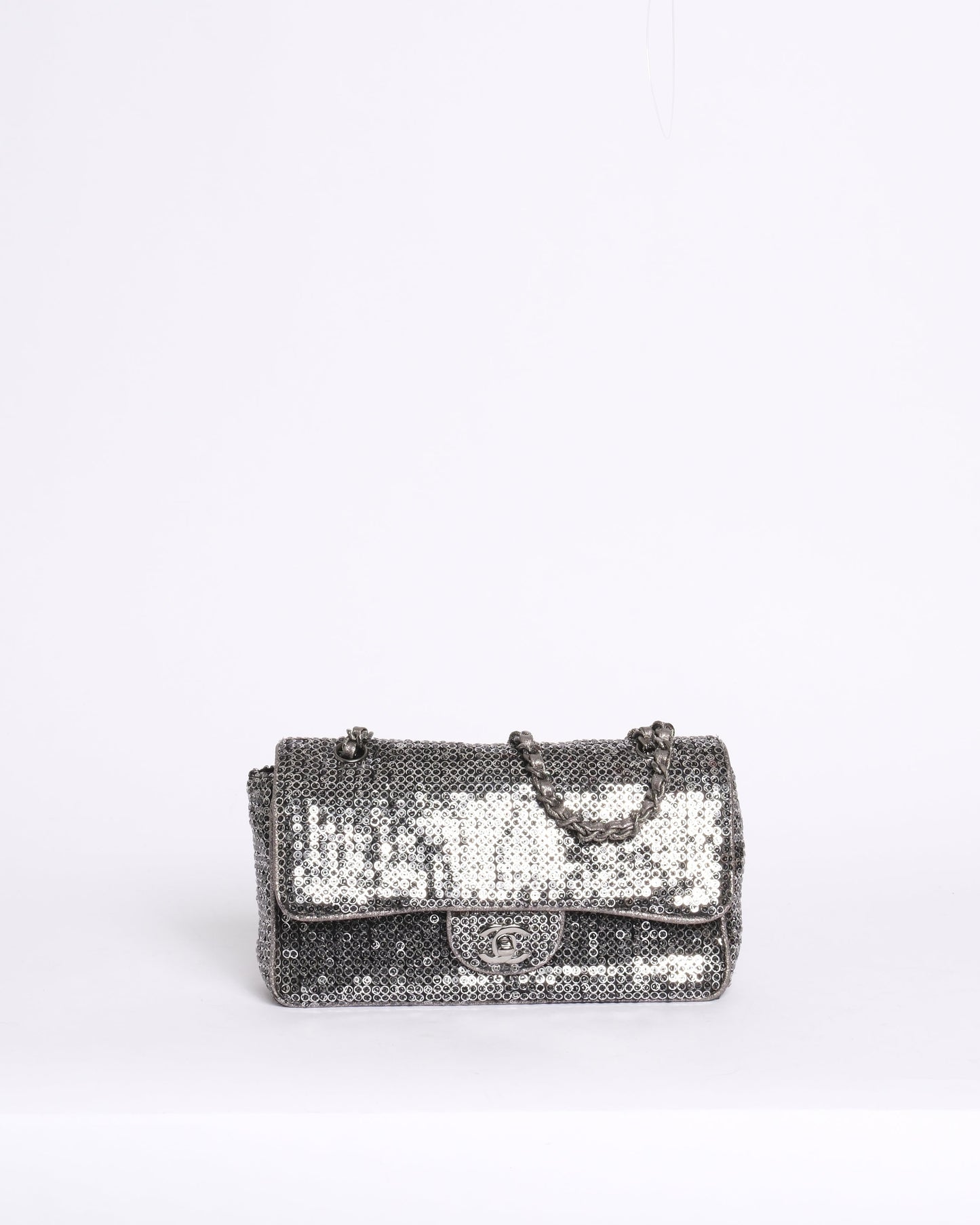 Chanel Monogram Logo Sequin Medium Chain Shoulder Flap SHW