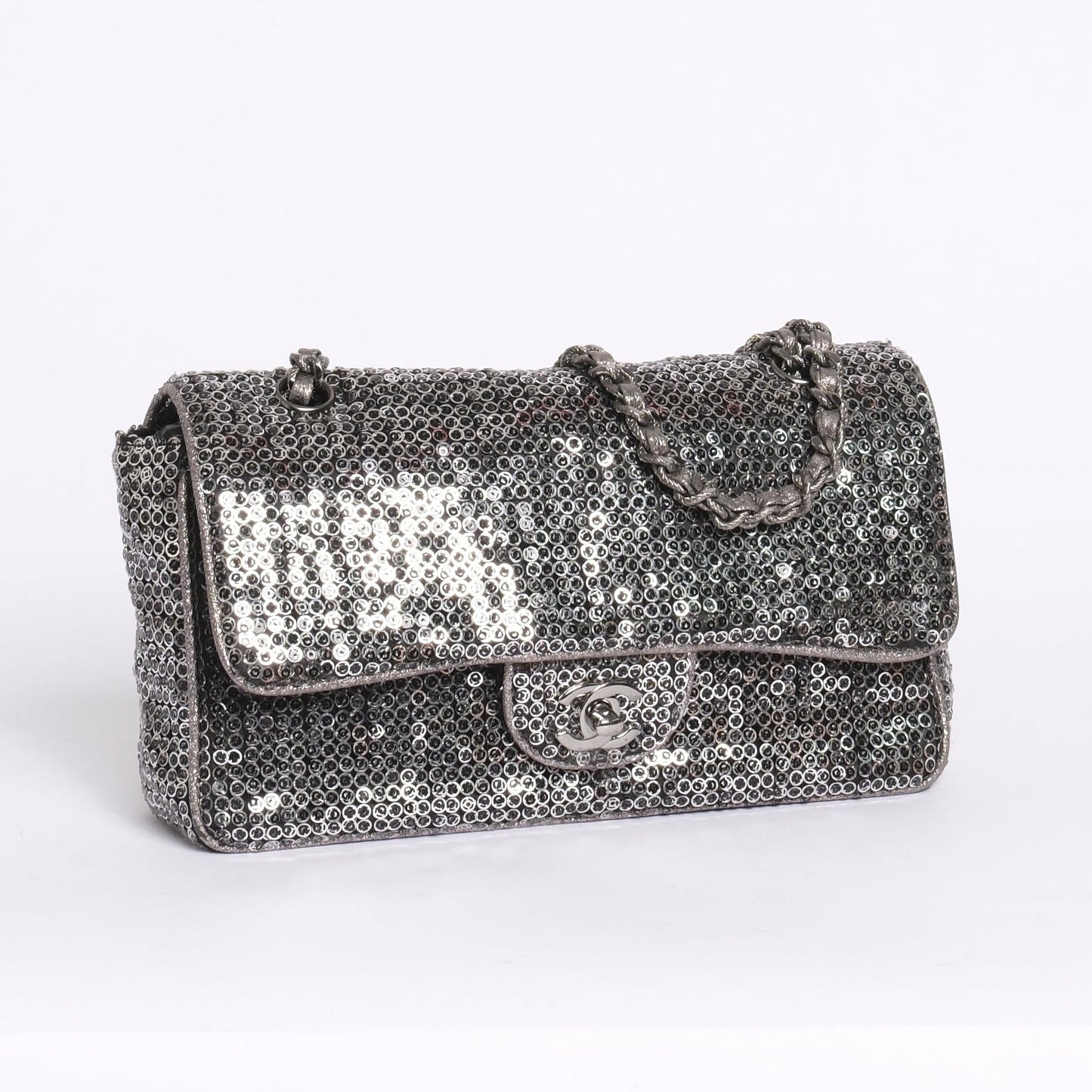 Chanel Monogram Logo Sequin Medium Chain Shoulder Flap SHW