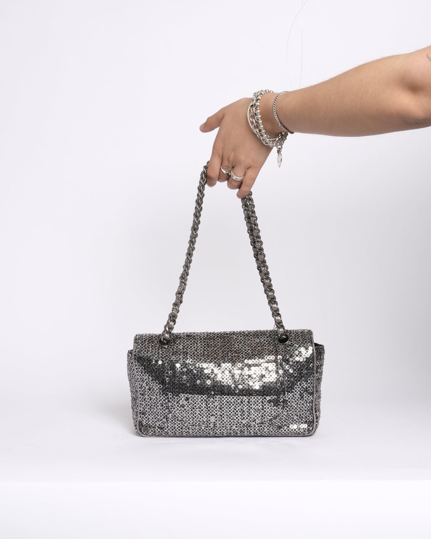 Chanel Monogram Logo Sequin Medium Chain Shoulder Flap SHW