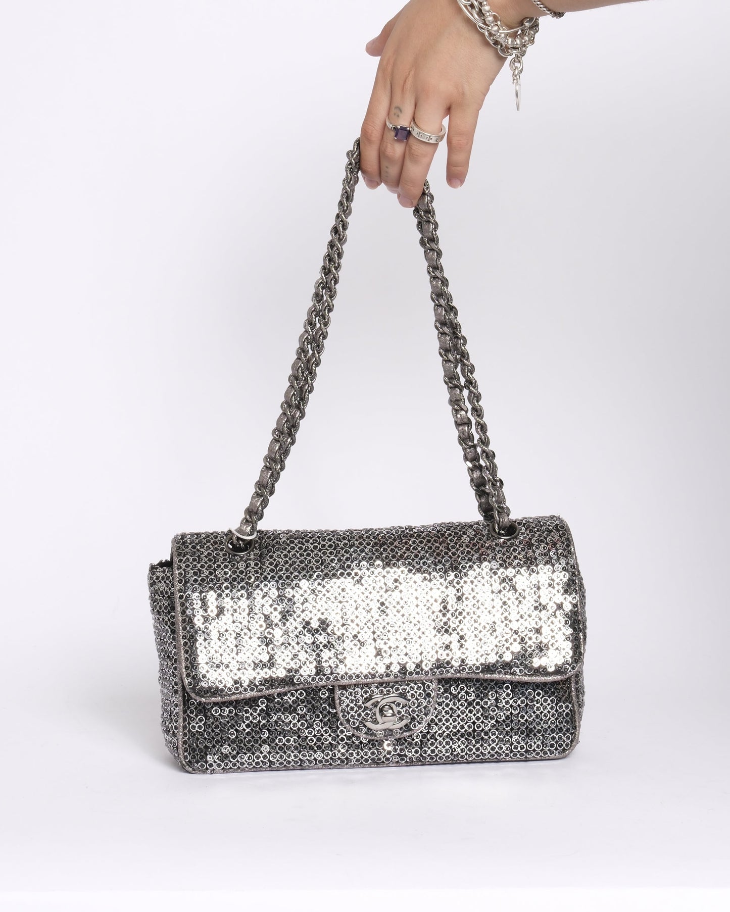 Chanel Monogram Logo Sequin Medium Chain Shoulder Flap SHW