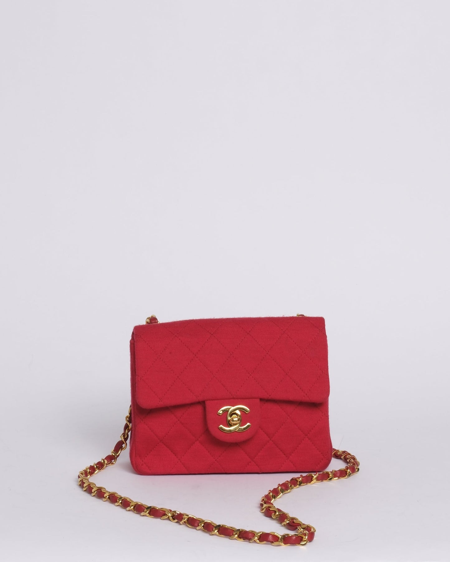 Chanel Red Jersey Quilted Square Flap 24K Gold Chain Shoulder Bag