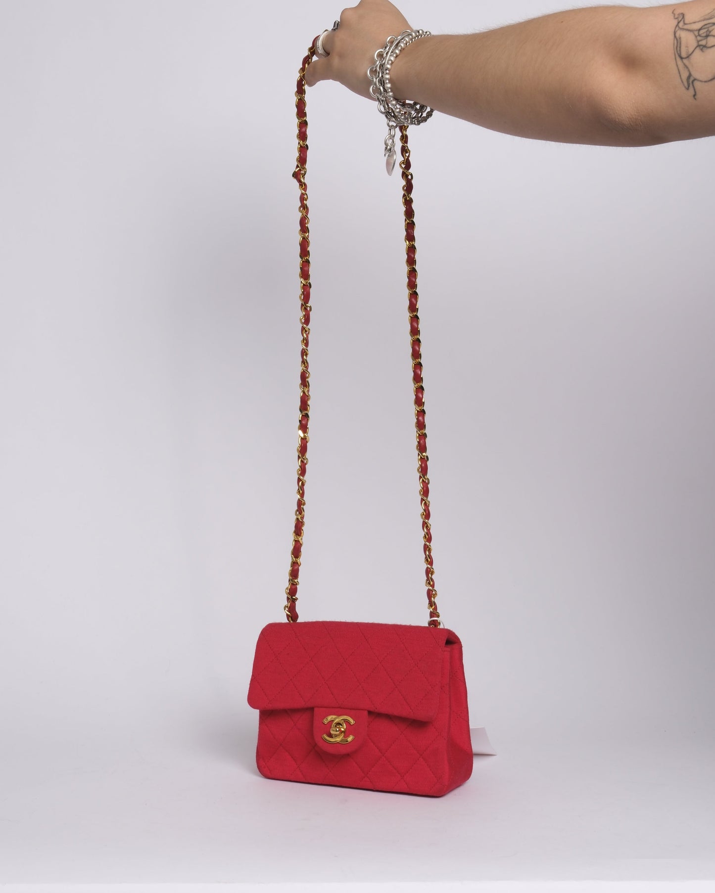 Chanel Red Jersey Quilted Square Flap 24K Gold Chain Shoulder Bag