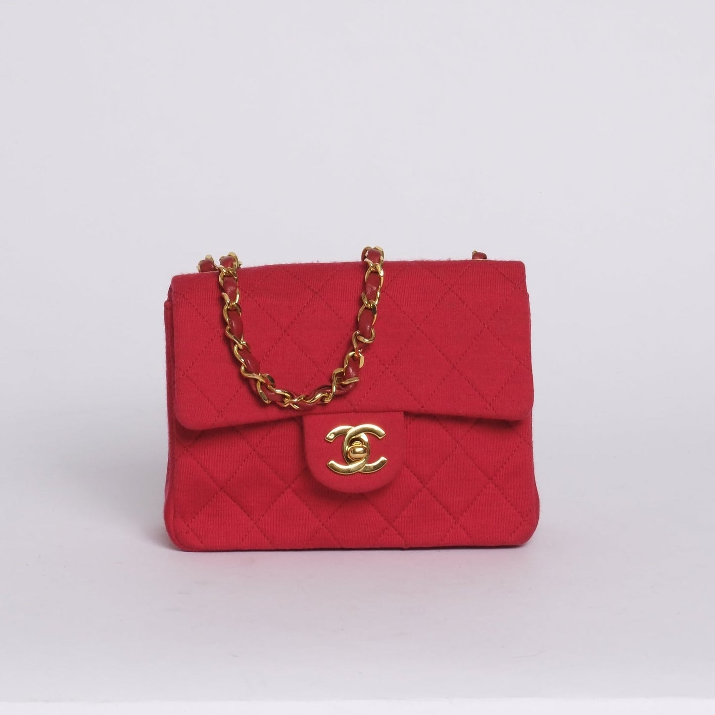Chanel Red Jersey Quilted Square Flap 24K Gold Chain Shoulder Bag