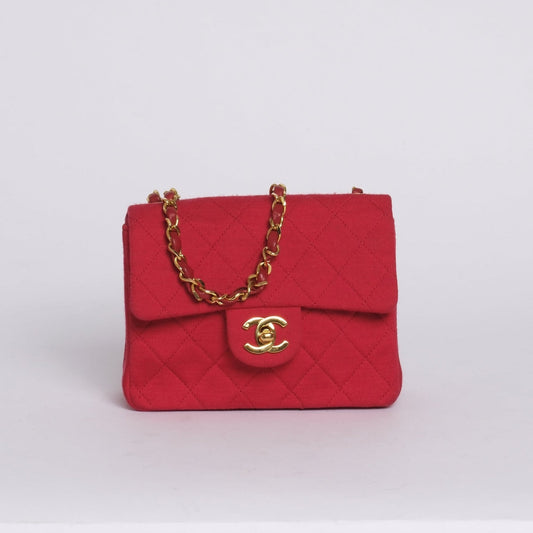 Chanel Red Jersey Quilted Square Flap 24K Gold Chain Shoulder Bag