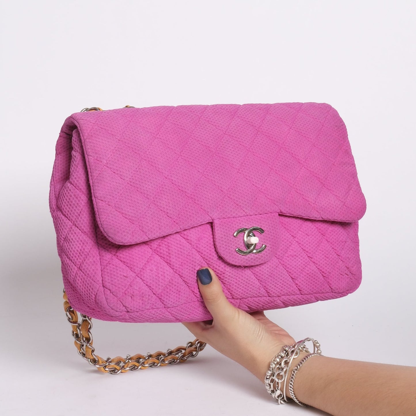 Chanel Pink & Yellow Coco Beach Mesh Leather Chain Jumbo Flap