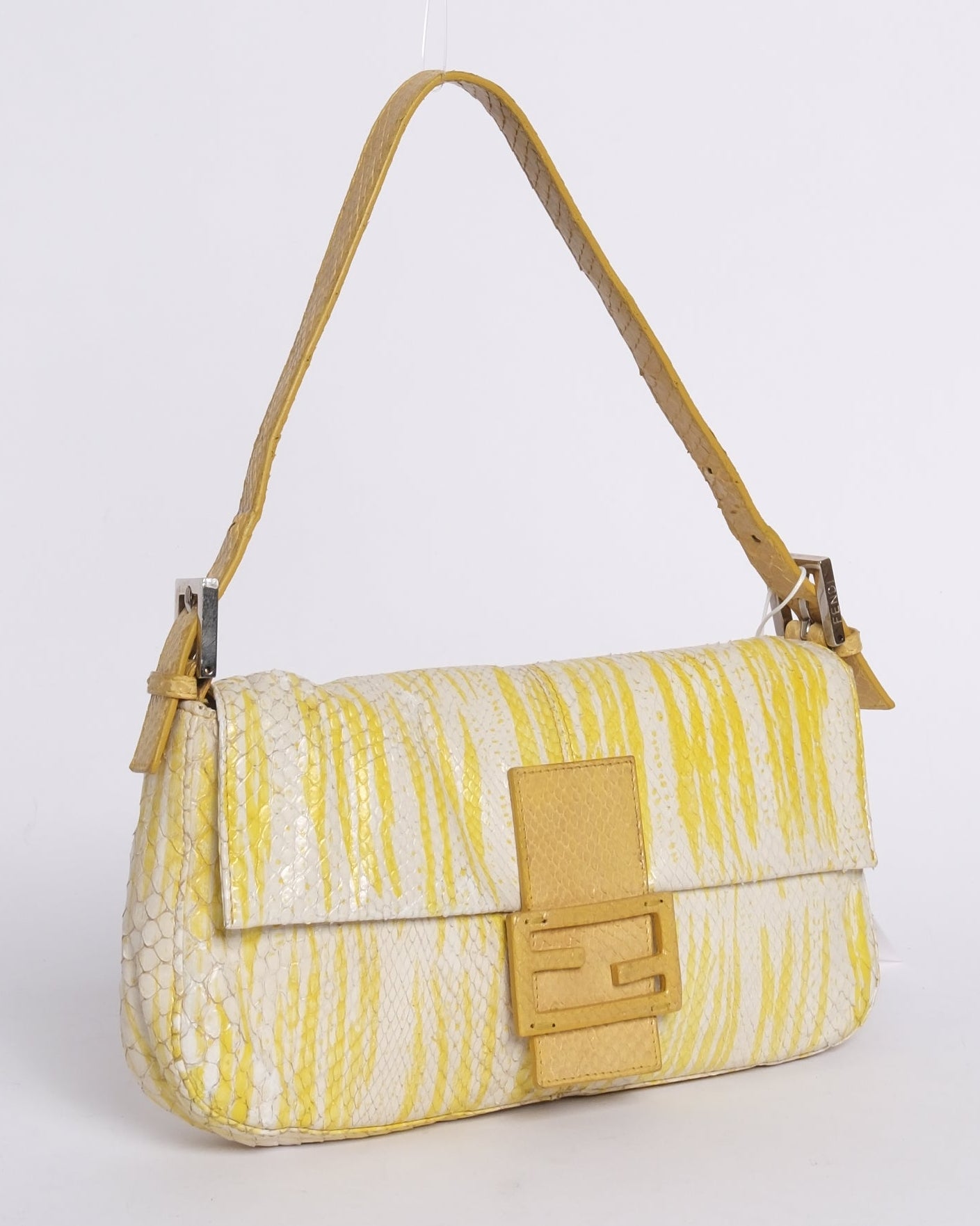 Fendi Yellow & White Python Baguette Shoulder Bag