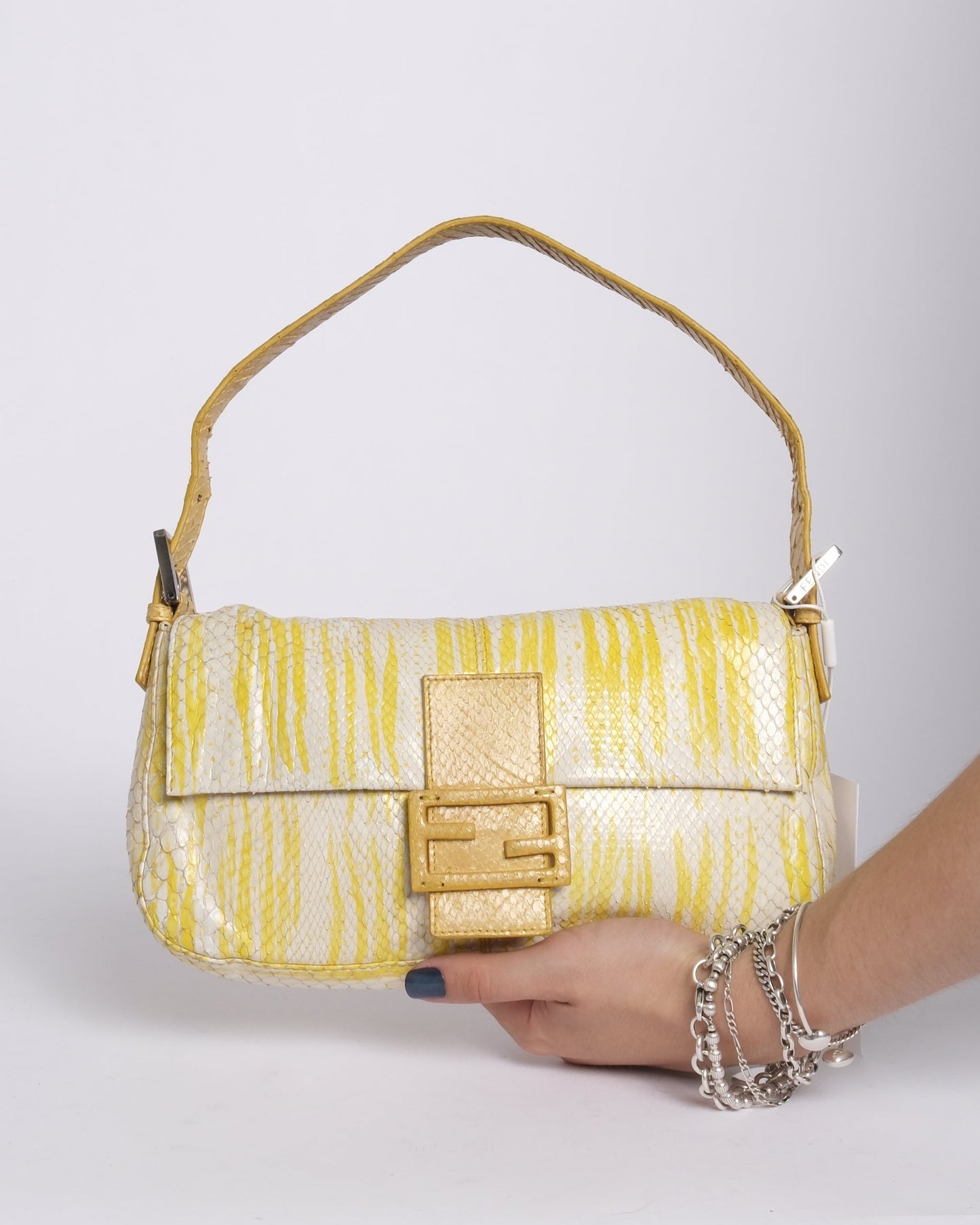 Fendi Yellow & White Python Baguette Shoulder Bag