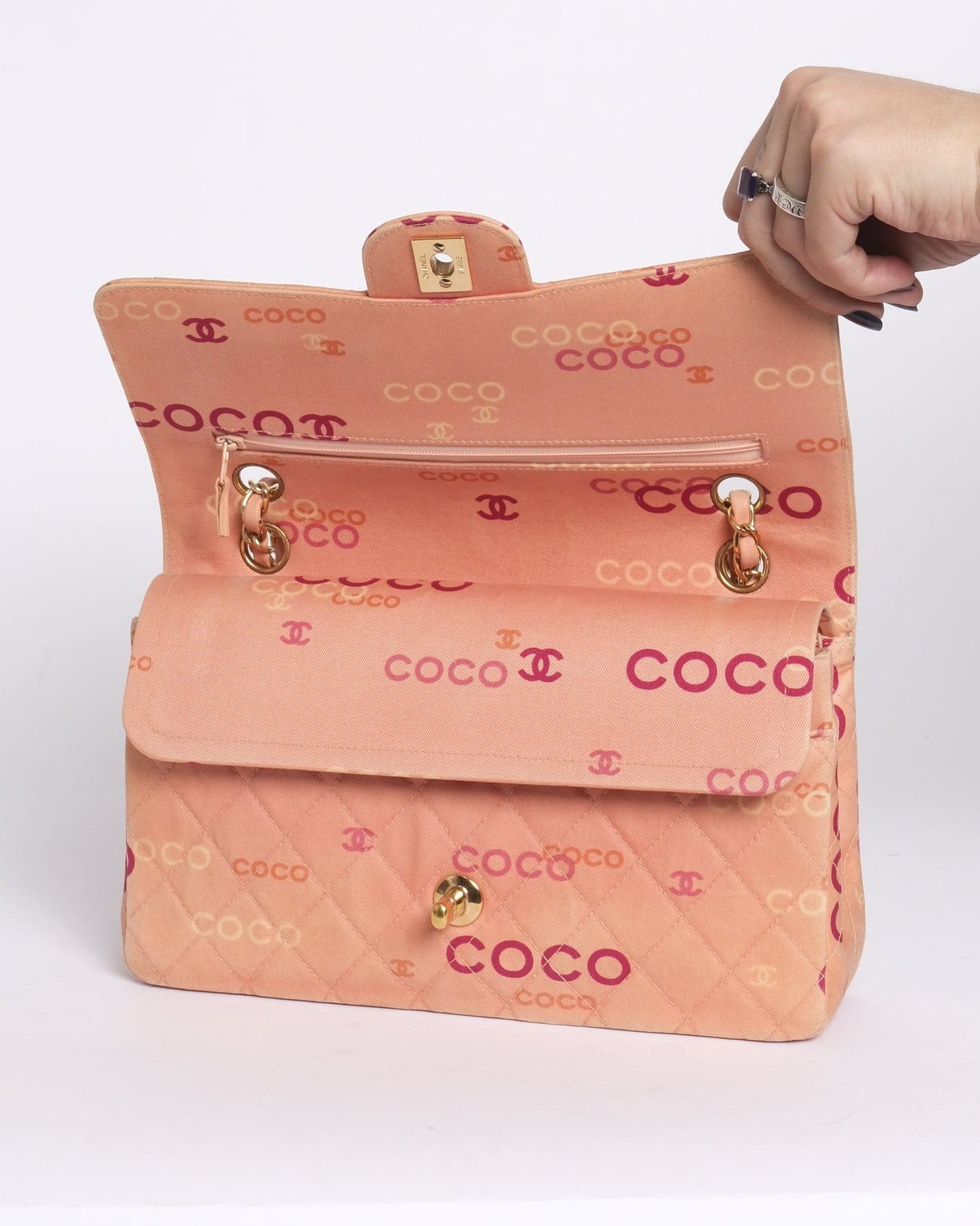 Chanel 2002 Pink Canvas Quilted Coco Monogram Double Flap