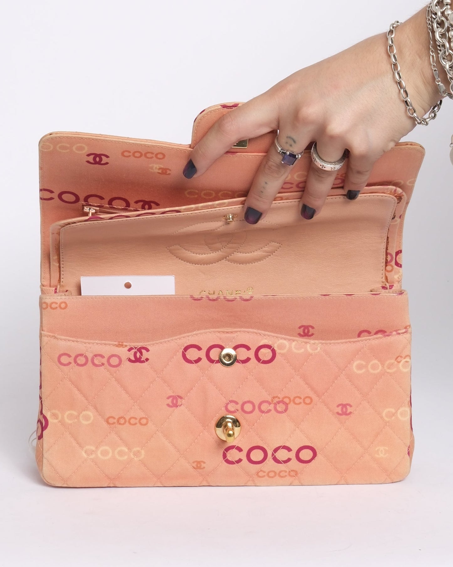 Chanel 2002 Pink Canvas Quilted Coco Monogram Double Flap