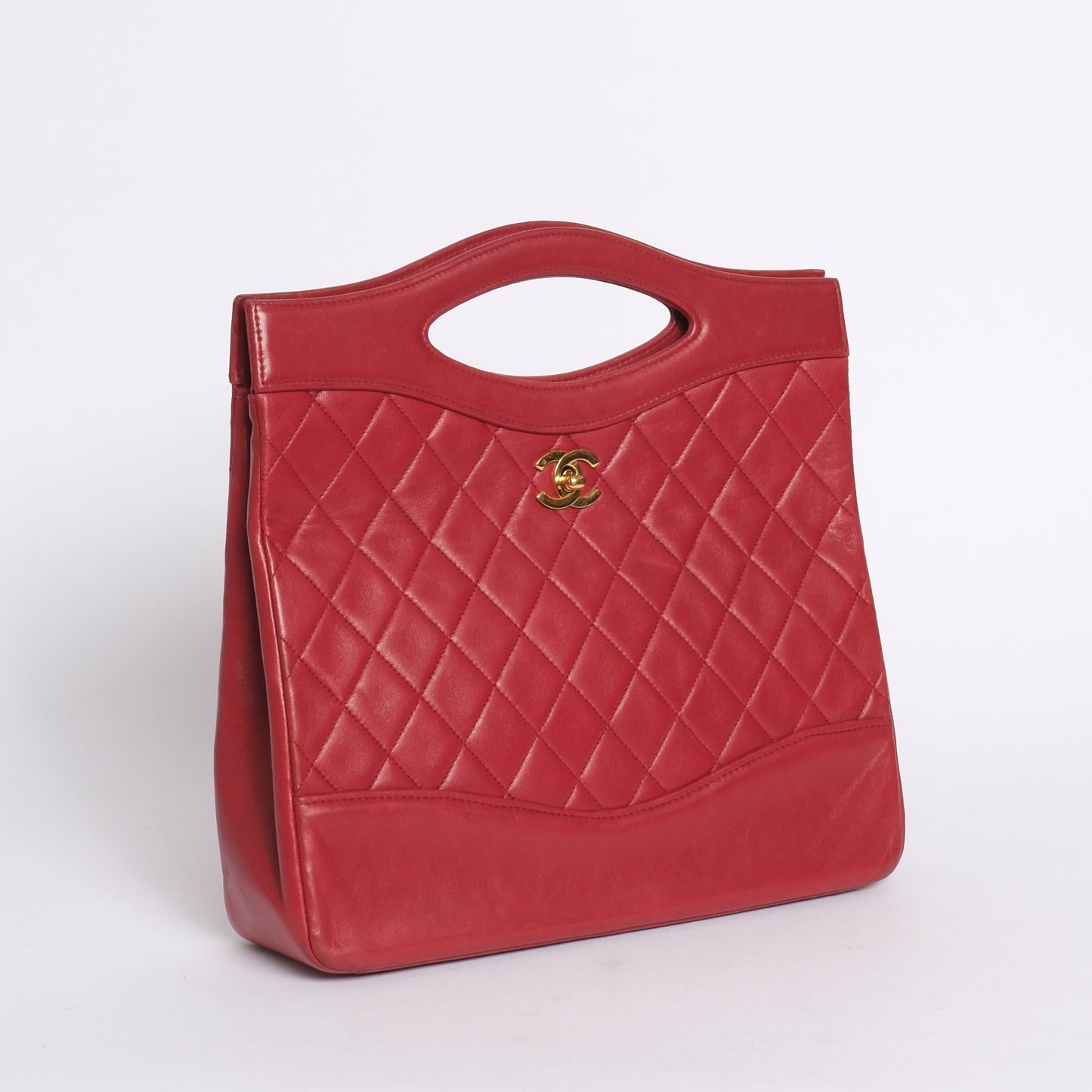 Chanel Red Lambskin Leather Matelasse 2way Top Handle Bag