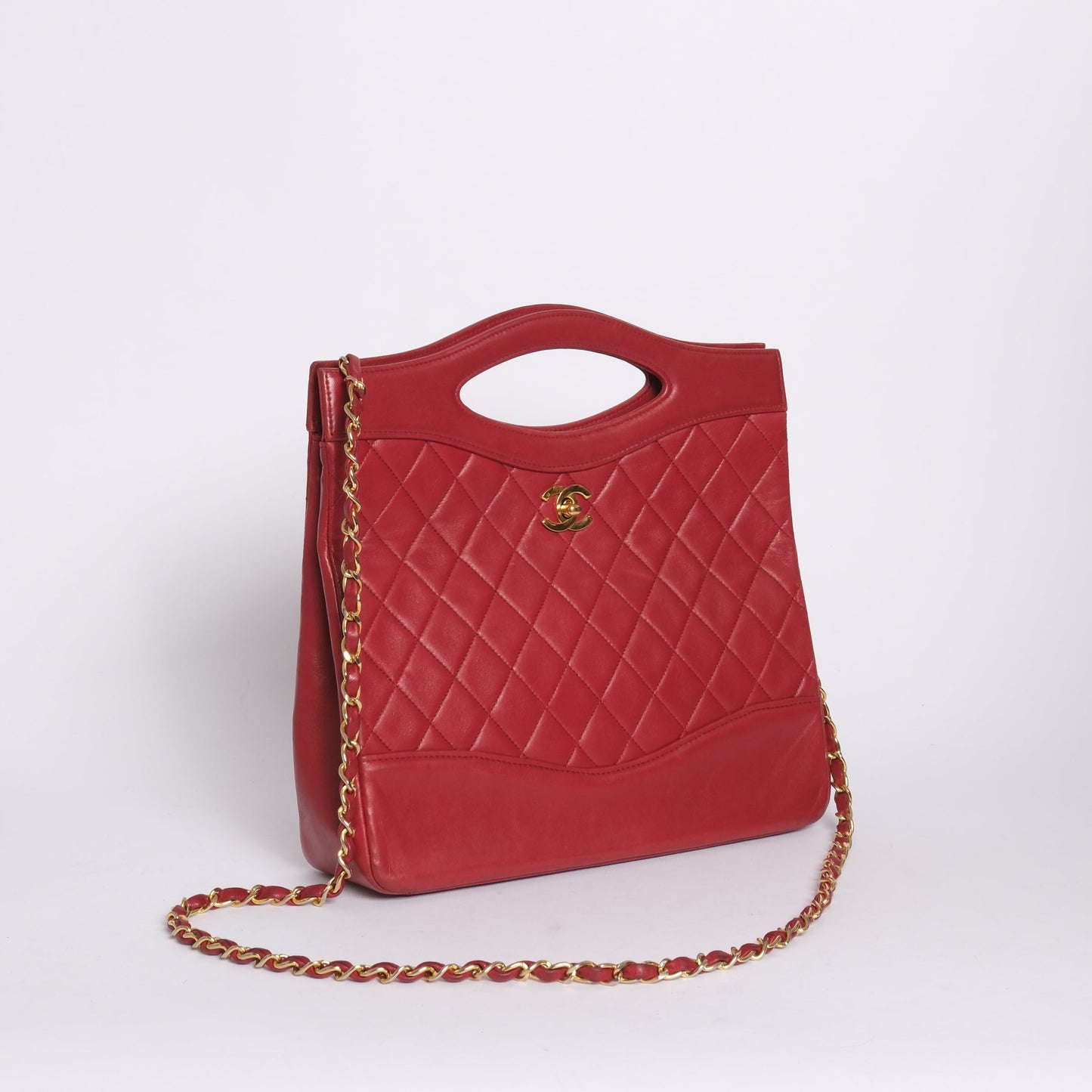 Chanel Red Lambskin Leather Matelasse 2way Top Handle Bag