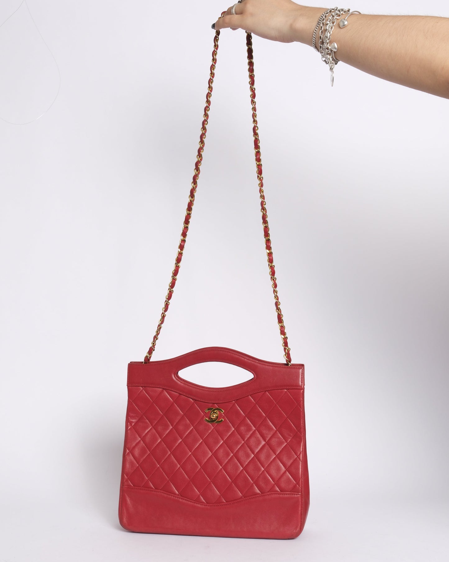 Chanel Red Lambskin Leather Matelasse 2way Top Handle Bag