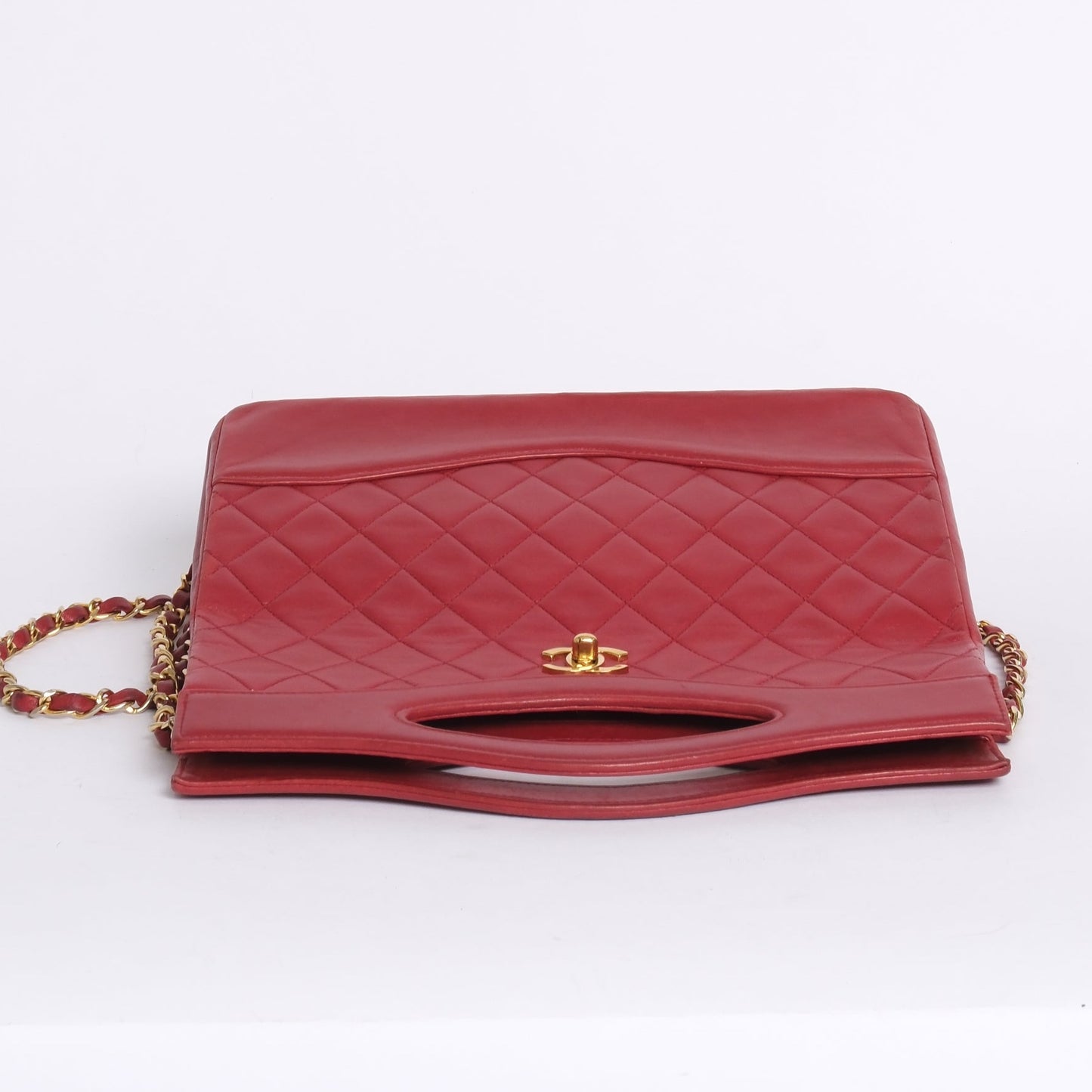 Chanel Red Lambskin Leather Matelasse 2way Top Handle Bag
