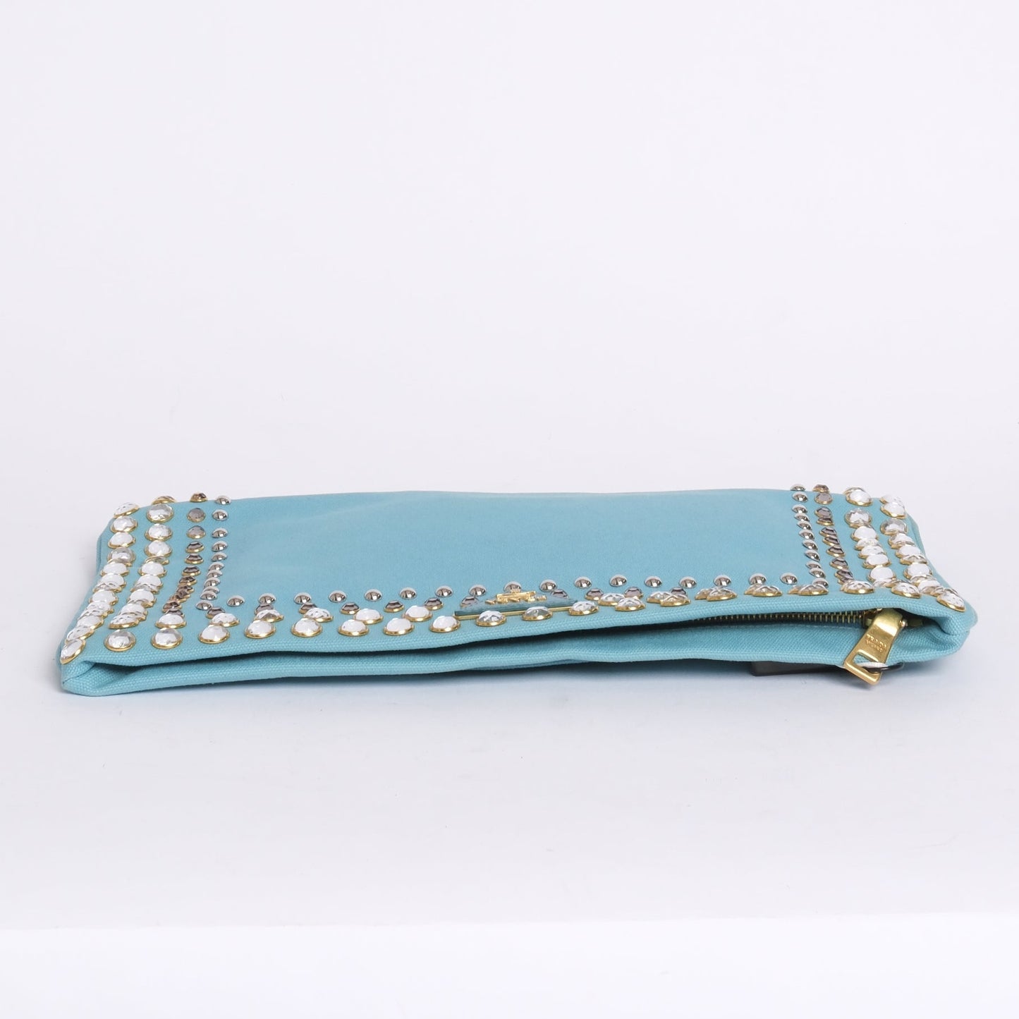 Prada Light Blue Canvas Studded Clutch