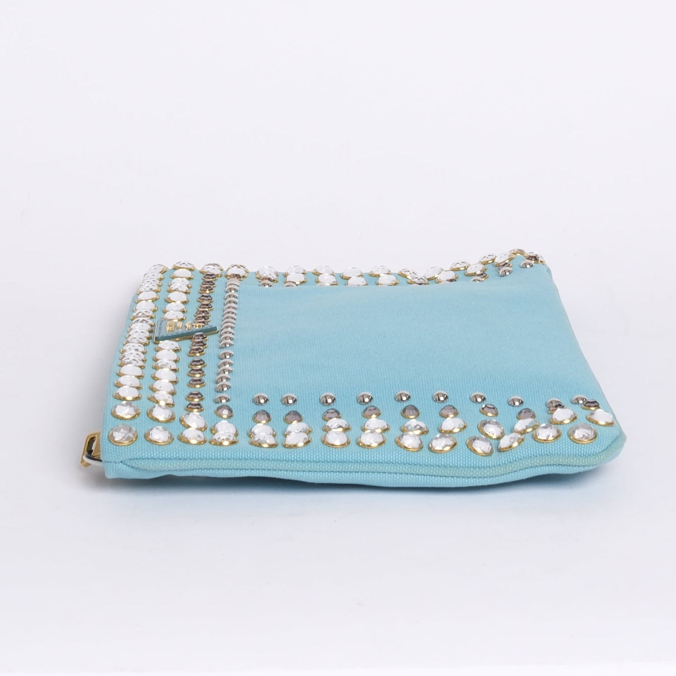 Prada Light Blue Canvas Studded Clutch