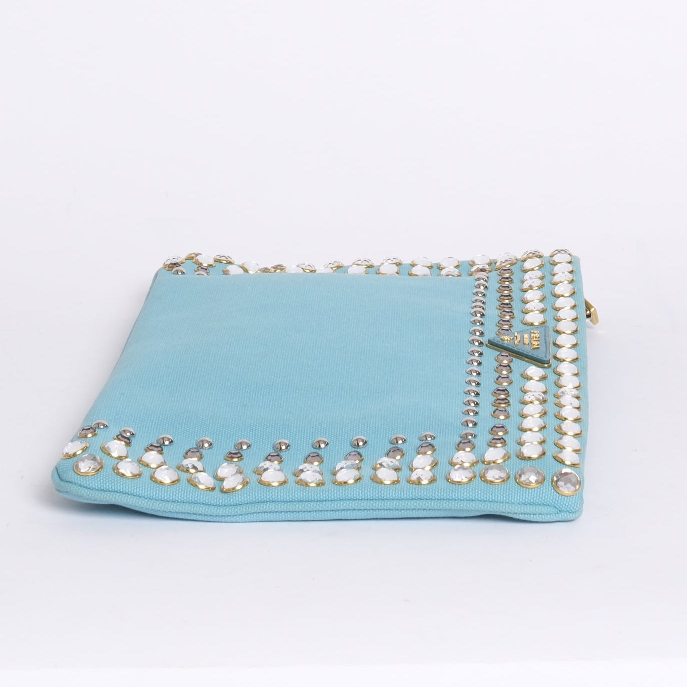 Prada Light Blue Canvas Studded Clutch