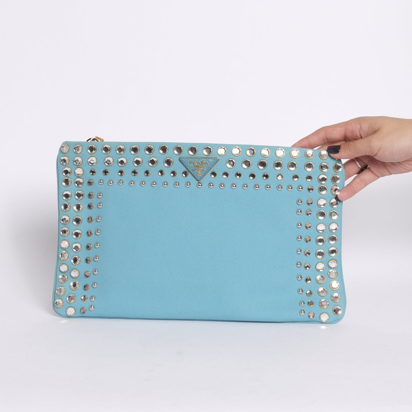 Prada Light Blue Canvas Studded Clutch