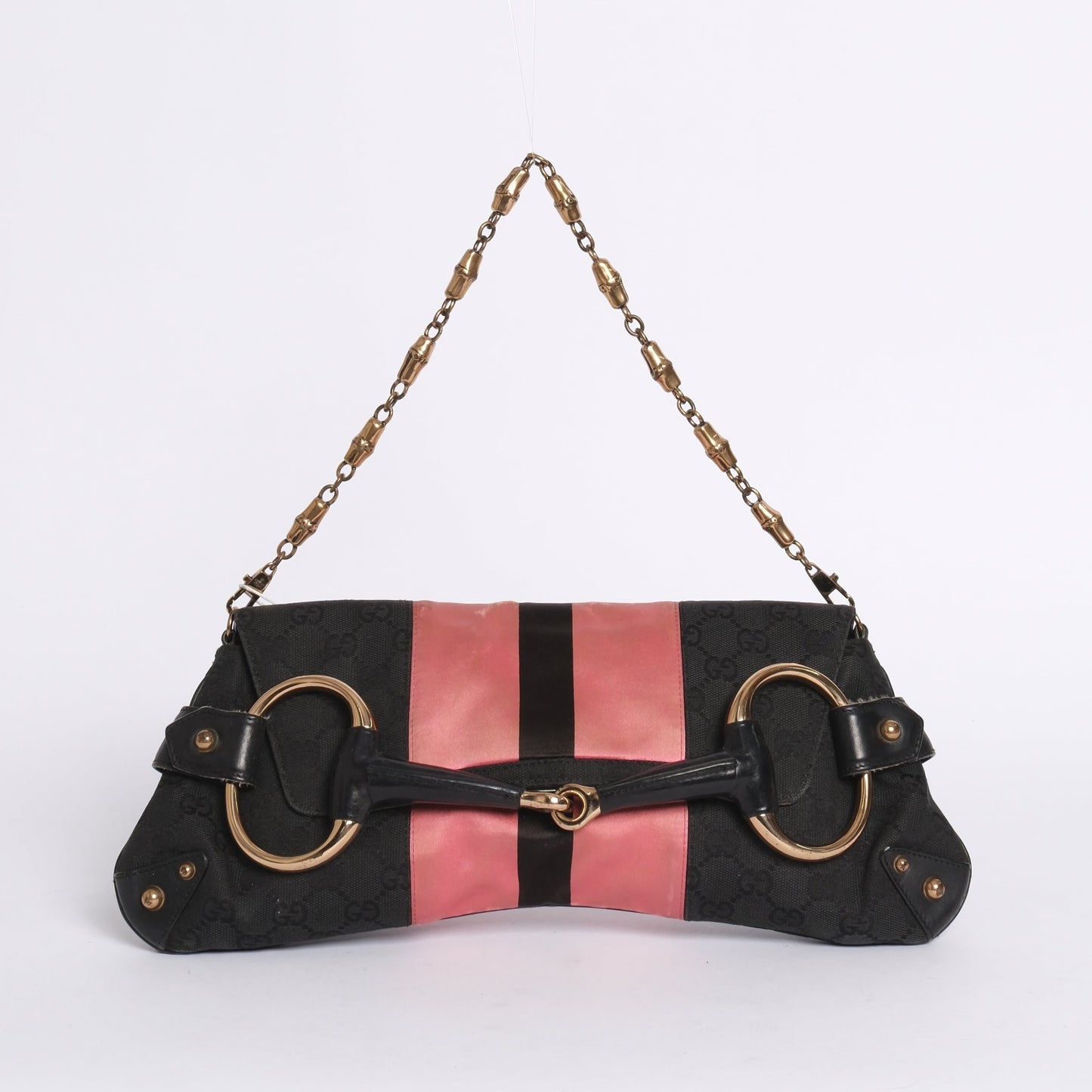 Gucci Pink Web Striped Large Horsebit Clutch