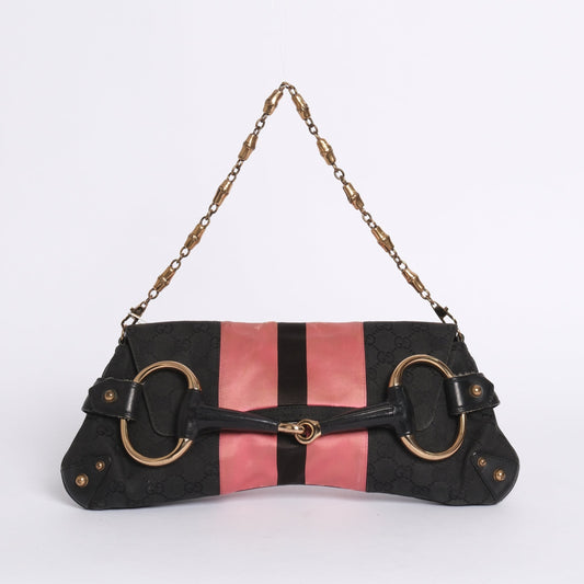 Gucci Pink Web Striped Large Horsebit Clutch