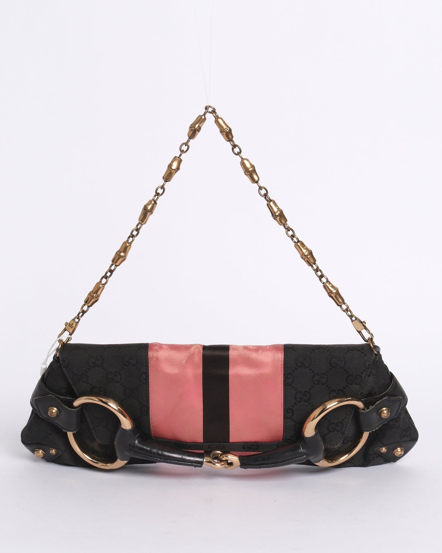 Gucci Pink Web Striped Large Horsebit Clutch
