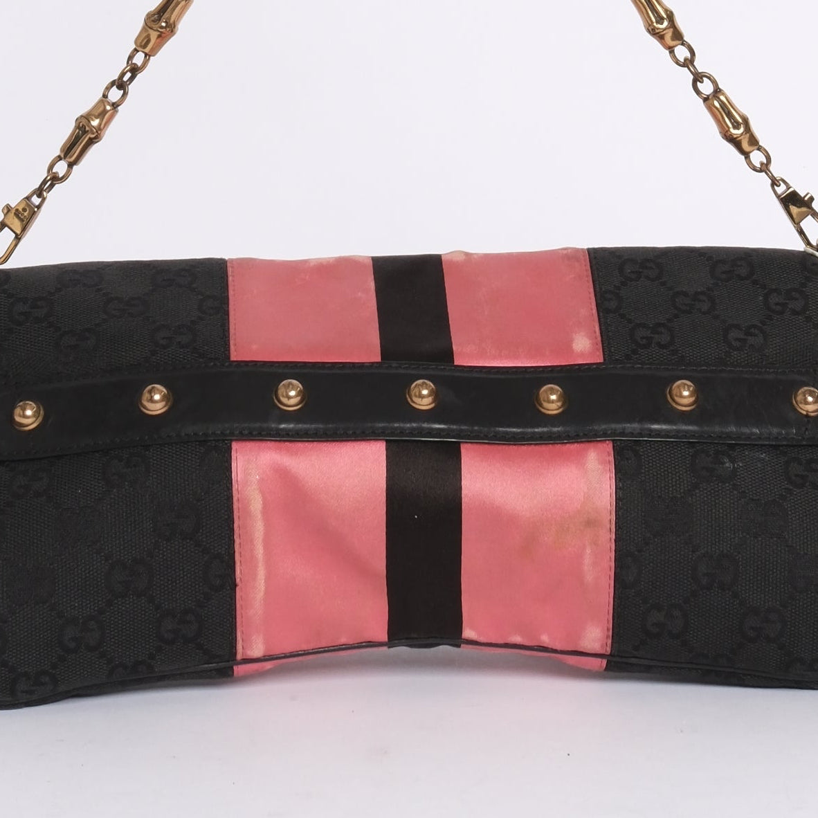 Gucci Pink Web Striped Large Horsebit Clutch